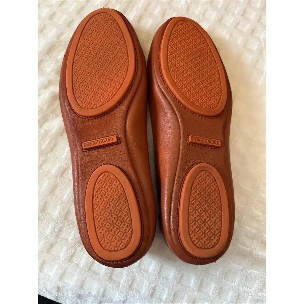 Tory Burch 7 Ballet Ballerina Flats Leather Orange Reva Minnie Travel w/ Box